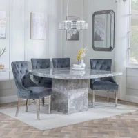 View Clearance - turin dining set - 8 seater - 140cm - square - grey marble - lion knocker back dining chairs - grey velvet fabric - chrome legs View Clearance - turin dining set - 8 seater - 140cm - square - grey marble - lion knocker back dining chairs - grey velvet fabric - chrome legs