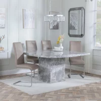 View Clearance - turin dining set - 8 seater - 140cm - square - grey marble - roma dining chairs - beige faux leather View Clearance - turin dining set - 8 seater - 140cm - square - grey marble - roma dining chairs - beige faux leather