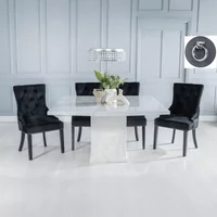 Click to view product details and reviews for Turin Dining Set 8 Seater 140cm Square White Marble Knocker Back Dining Chairs Black Fabric Black Legs. Click to view product details and reviews for Turin Dining Set 8 Seater 140cm Square White Marble Knocker Back Dining Chairs Black Fabric Black Legs.