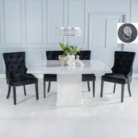 View Turin dining set - 8 seater - 140cm - square - white marble - lion head ring back dining chairs - black fabric - black legs View Turin dining set - 8 seater - 140cm - square - white marble - lion head ring back dining chairs - black fabric - black legs