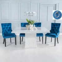 Click to view product details and reviews for Turin Dining Set 8 Seater 140cm Square White Marble Knocker Back Dining Chairs Blue Fabric Black Legs. Click to view product details and reviews for Turin Dining Set 8 Seater 140cm Square White Marble Knocker Back Dining Chairs Blue Fabric Black Legs.