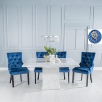 View Turin dining set - 8 seater - 140cm - square - white marble - lion head ring back dining chairs - blue fabric - black legs View Turin dining set - 8 seater - 140cm - square - white marble - lion head ring back dining chairs - blue fabric - black legs