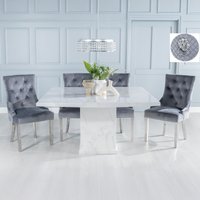 View Turin dining set - 8 seater - 140cm - square - white marble - lion head ring back dining chairs - grey fabric - chrome legs View Turin dining set - 8 seater - 140cm - square - white marble - lion head ring back dining chairs - grey fabric - chrome legs
