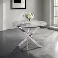 View Alden dining table - 4 seater - 107cm - round - chrome legs - white and grey marble effect View Alden dining table - 4 seater - 107cm - round - chrome legs - white and grey marble effect