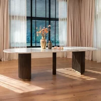 View Mayfield white marble top 10 seater oval dining table - dark wood fluted pedestal base View Mayfield white marble top 10 seater oval dining table - dark wood fluted pedestal base