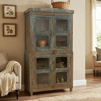 View Unique one of a kind - distressed display cabinet - 4 door - vintage blue - glass and wood View Unique one of a kind - distressed display cabinet - 4 door - vintage blue - glass and wood