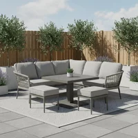 View Monaco square corner garden dining set - rising table - ceramic top - cool linen View Monaco square corner garden dining set - rising table - ceramic top - cool linen