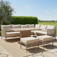 View Havana large corner garden dining set - rising table - natural linen View Havana large corner garden dining set - rising table - natural linen