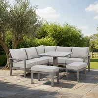 View Montreal small corner garden dining sofa set - rising table - ceramic top - cool linen View Montreal small corner garden dining sofa set - rising table - ceramic top - cool linen