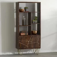 View Bookcase - with cupboard - hairpin legs - gold geometric inlay - dark mango wood View Bookcase - with cupboard - hairpin legs - gold geometric inlay - dark mango wood