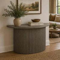 View Timo console table - half moon - with slatted base - lacquered walnut - variation available View Timo console table - half moon - with slatted base - lacquered walnut - variation available