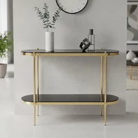 View Arezzo console table - oval - black glass and gold metal - with shelf View Arezzo console table - oval - black glass and gold metal - with shelf