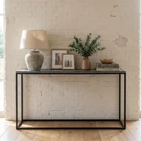 View Behat console table - hand crafted - black and white - bone inlay and metal View Behat console table - hand crafted - black and white - bone inlay and metal
