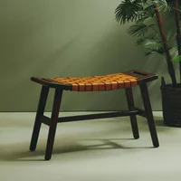View Inca bench - brown leather with teak wood - small strapped View Inca bench - brown leather with teak wood - small strapped