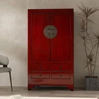View Handcrafted storage cabinet - 2 door - 4 drawer - oriental style - red - wooden View Handcrafted storage cabinet - 2 door - 4 drawer - oriental style - red - wooden