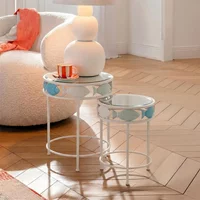 View Fish side table - round - set of 2 - light blue and white - glass and metal View Fish side table - round - set of 2 - light blue and white - glass and metal