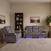 View Foster recliner sofa set - 3+2 seater - grey fabric - led lights - drop-down table & cup holders View Foster recliner sofa set - 3+2 seater - grey fabric - led lights - drop-down table & cup holders