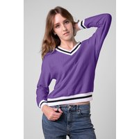 Enorsia Women's V-neck Stripe Detail Pullover in Purple | Size: 8