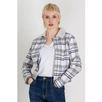 Enorsia Womens White Plaid Check Borg Collar Cropped Shacket - UK 18
