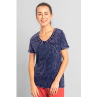 Enorsia Women's Indigo Washed Embroidered V-Neck T-shirt in Dark Blue | Size: 18