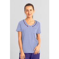 Enorsia Women's Indigo Washed Embroidered V-Neck T-shirt in Bright Blue | Size: 12