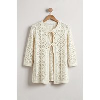 Enorsia Women's Ecru Crochet Front Tie Knit Cardigan Sweater in Off White | Size: Medium