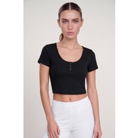 Enorsia Women's Ribbed Button-Up Short Sleeve T-Shirts | in Black | Size: 18