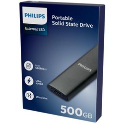 Philips Ssd Portatile Esterno 500 Gb - Ultra Sottile, Sata Ultra Speed USB-C - Usb, Lettura Fino A 540 Mb/S, Scrittura Fino A 520 Mb/S, Alluminio