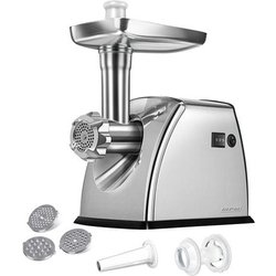 Pm Company Mpm MMM-07M Tritacarne Elettrico Professionale, 3 Piastre Di Macinazione 3Mm, 5Mm, 7Mm, Attacco Per Salsiccia, Funzione Inversa, Accessori E Lama In Acciaio Inossidabile, 1800W, Inox