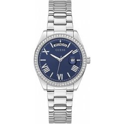 Guess Orologio Day-Date In Acciaio Inossidabile Da 36 Mm Con Lunetta A Bordo Della Moneta, Colore: Argento/Blu., Misura Unica, Orologio Al Quarzo Guess Orologio Day-Date In Acciaio Inossidabile Da 36 Mm Con Lunetta A Bordo Della Moneta, Colore: Argento/Blu., Misura Unica, Orologio Al Quarzo