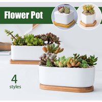 Pot De Fleurs En C¿¿Ramique Blanc Cr¿¿Atif Minimaliste Avec Plateau En Bambou, Pot De Plantes Succulentes, Jardini¿¿Re De Cactus