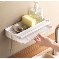 Porte Eponge Evier Cuisine, Auto-adhésif Rangement en ABS pour Savons, Multifonction Égouttoir avec 2 Crochets et Étagère à Serviettes