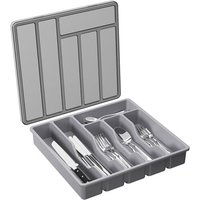 Organisateur D'Argenterie avec Couvercle, Plateau à Ustensiles Couvert pour Tiroir et Comptoir de Cuisine, Couverts et Couverts en Plastique Gris