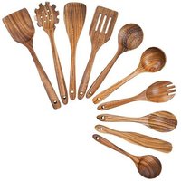 Ustensiles de Cuisine en Bois, Ensemble D'Ustensiles de Cuisine avec Support CuillèRes en Bois de Teck et Spatule en Bois pour la Cuisson