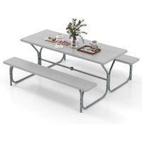 Costway Ensemble Table Et Chaises De Jardin Pour 8 Personnes, Trou Pour Parasol, Table De Pique-Nique Avec 2 Bancs, Gris