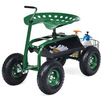 COSTWAY Chariot de Jardinage-Poignée Extensible 44,5-79 cm-Panier de Rangement-2 Plateaux-Siège Rotative-136KG-Roues Caoutchouc