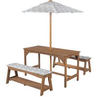 Roba Table Pique-Nique Et 2 Bancs Enfants Outdoor + En Bois Massif - Ensemble De Jardin + Parasol Et Coussins - Teck