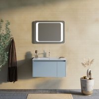 Meuble De Salle De Bains Mural 80cm Bleu Clair Et Miroir Avec Cadre À Led Monaco