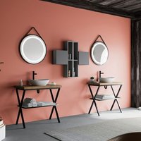 Armoire De Toilette Industrielle 2 Supports Métalliques, Lavabo À Poser, Miroir Rond Lagos