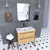 Meuble De Salle De Bain 80x50cm - Vasque Blanche - 2 Tiroirs Finition Chêne Naturel + Miroir