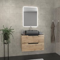 Meuble Salle De Bains 80 Cm 2 Tiroirs - Chêne Et Noir - Vasque Rectangle - Miroir Led - Omega