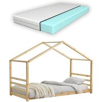 Lit Pour Enfant Cabane Maison Avec Matelas Et Sommier À Lattes Bois De Pin Naturel 90 X 200 Cm 03_0005496