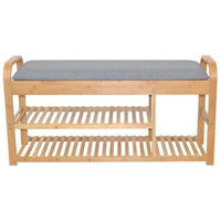 Banc Banquette En Bambou Avec Deux Étagères Couleur Naturelle Avec Assise Matelassée Grise Relevable 05_0000669