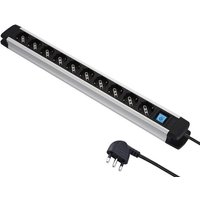 Electraline 61903, Multiprise Alu-Line 10 prises polyvalentes (Schuko+10/16A) et 1 interrupteur lumineux, 2M, avec corps en aluminium