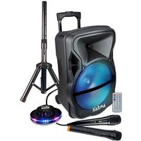 Enceinte amplifiée Karma PSB12" 600W PMPO, Mobile sur batterie, LED, 2 Micros USB SD Bluetooth, TWS, Support Pied, Ovni LED RVB