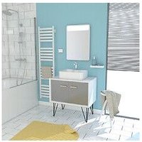 Meuble Salle De Bain Scandinave Blanc Et Gris 80 Cm Sur Pieds - Portes Vasque A Poser + Miroir Led