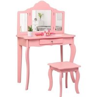 Costway Coiffeuse Enfant Rose Avec Tabouret, Table De Maquillage Avec Miroir À Trois Panneaux Et Tiroir, 70 X 34 X 103 Cm