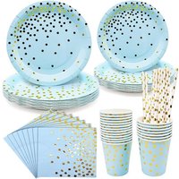 20 Invités Vaisselle De Fête D'anniversaire Pour Enfants, Vaisselle De Fête En Or Bleu Avec Vaisselle En Papier Jetable À Pois Dorés, Assiettes En
