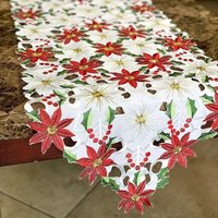 Chemin De Table Fleur De Noël, 38x176cm Poinsettia Brodé Chemin De Table Feuille De Houx Pour Décorations De Noël