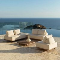 Ensemble De Jardin Avec Canapé D'angle Modulable 2 Pièces Avec Table D'appoint, Fauteuil Et Table Basse En Bois D'acacia Portet Blanc Gardenia